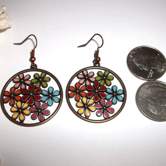 Copper Multicolored Flower Earrings Statement Jewelry Big Large Earring C875 - Picture 2 of 4